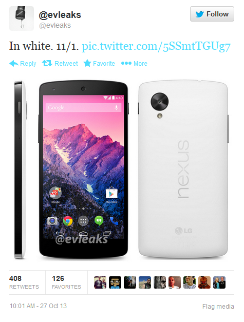 Tweet from evleaks says to expect the Nexus 5 to launch next Friday - Tweet shows Google Nexus 5 in white along with November 1st release date