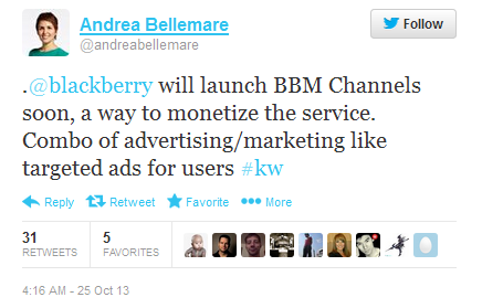 Tweet from CBC anchor says that BlackBerry will monetize BBM using Channels - Voice and video calling coming to BBM for iOS and BBM for Android within months