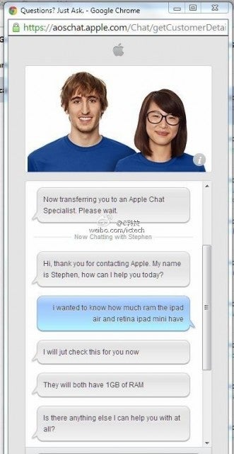 Apple iPad Air and new iPad mini 2 with Retina still sport 1 GB of RAM, service chat reveals