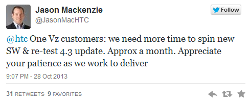 Android 4.3 update for Verizon branded HTC One is pushed back a month - Verizon's HTC One update gets one month delay, tweets HTC executive