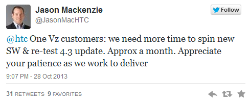 Android 4.3 update for Verizon branded HTC One is pushed back a month - Verizon&#039;s HTC One update gets one month delay, tweets HTC executive