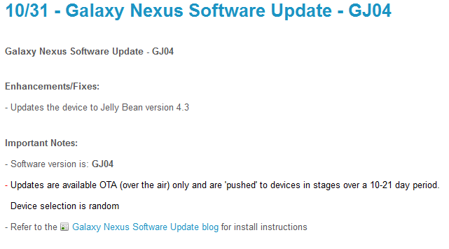 The Sprint Samsung GALAXY Nexus is receiving Android 4.3 - Android 4.3 comes to Sprint's Samsung GALAXY Nexus