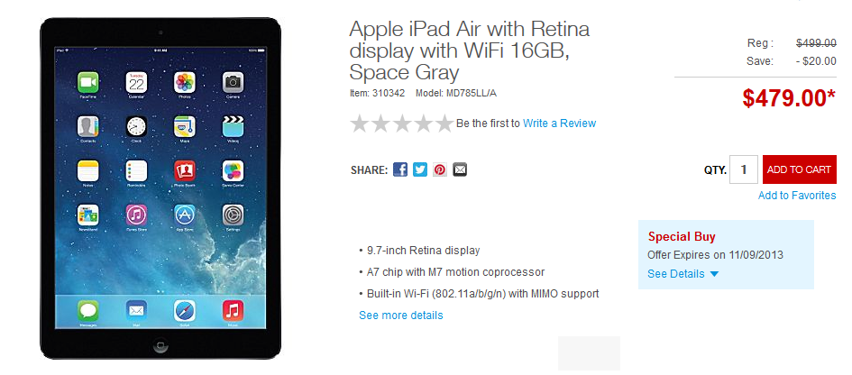 Staples will match Walmart's $479 price for the Apple iPad Air - Apple and Best Buy will price match Walmart on the Apple iPad Air in their physical stores