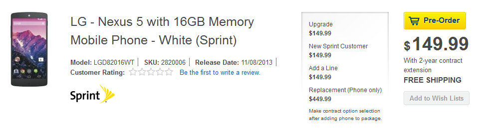 Pre-order the 16GB Sprint Nexus 5 from Best Buy - Pre-order the Sprint Nexus 5 from Best Buy now; phone will launch this Friday