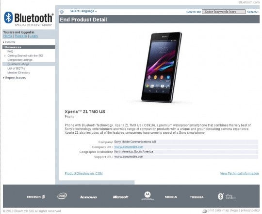 T-Mobile-compatible Sony Xperia Z1 clears Bluetooth SIG certification