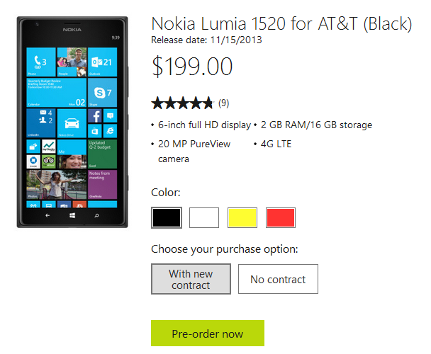 The Nokia Lumia 1520 will launch via AT&amp;T on November 15th for $199 on contract - Nokia Lumia 1520 gets November 15th release date on AT&T; phablet is $199 on contract