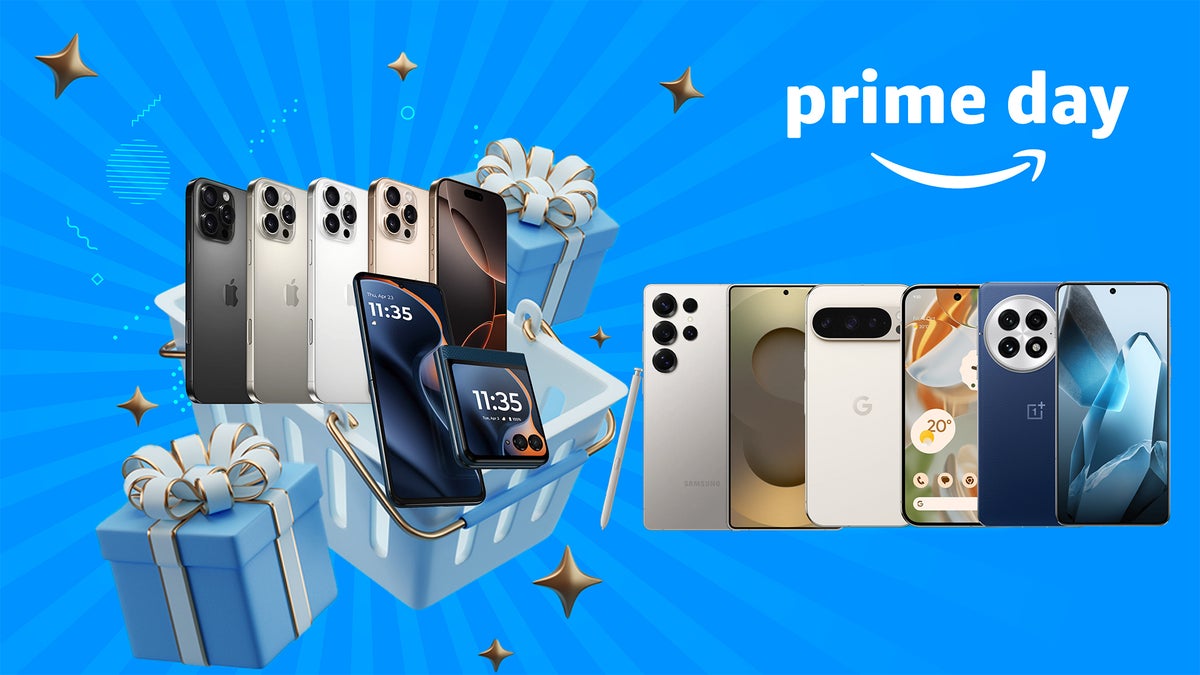 Prime Day-inspired picture with the Amazon Prime Day logo and smartphones arranged around wrapped gifts.