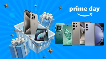 Prime Day-inspired picture with the Amazon Prime Day logo and the best smartphones arranged around wrapped gifts.