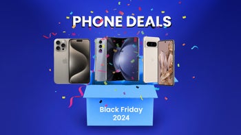 Black Friday-themed phone deals picture, displaying the Galaxy Z Fold 5, the iPhone 15 Pro, and the Pixel 8 Pro.