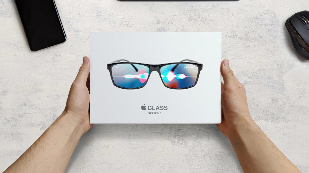 Futuristic Apple AR glasses displayed in a modern tech environment with holographic interfaces.