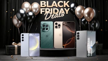 Black Friday-inspired image with balloons and smartphones, including OnePlus 12 and Galaxy Z Fold 6.