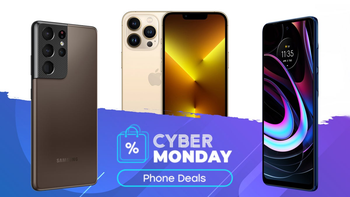 Cyber Monday-inspired deals image with flagship Samsung, Apple, and Motorola phones.