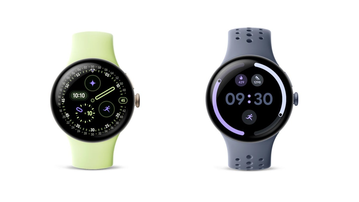 A person's hand holding a Pixel Watch 3 smartwatch with a white band.