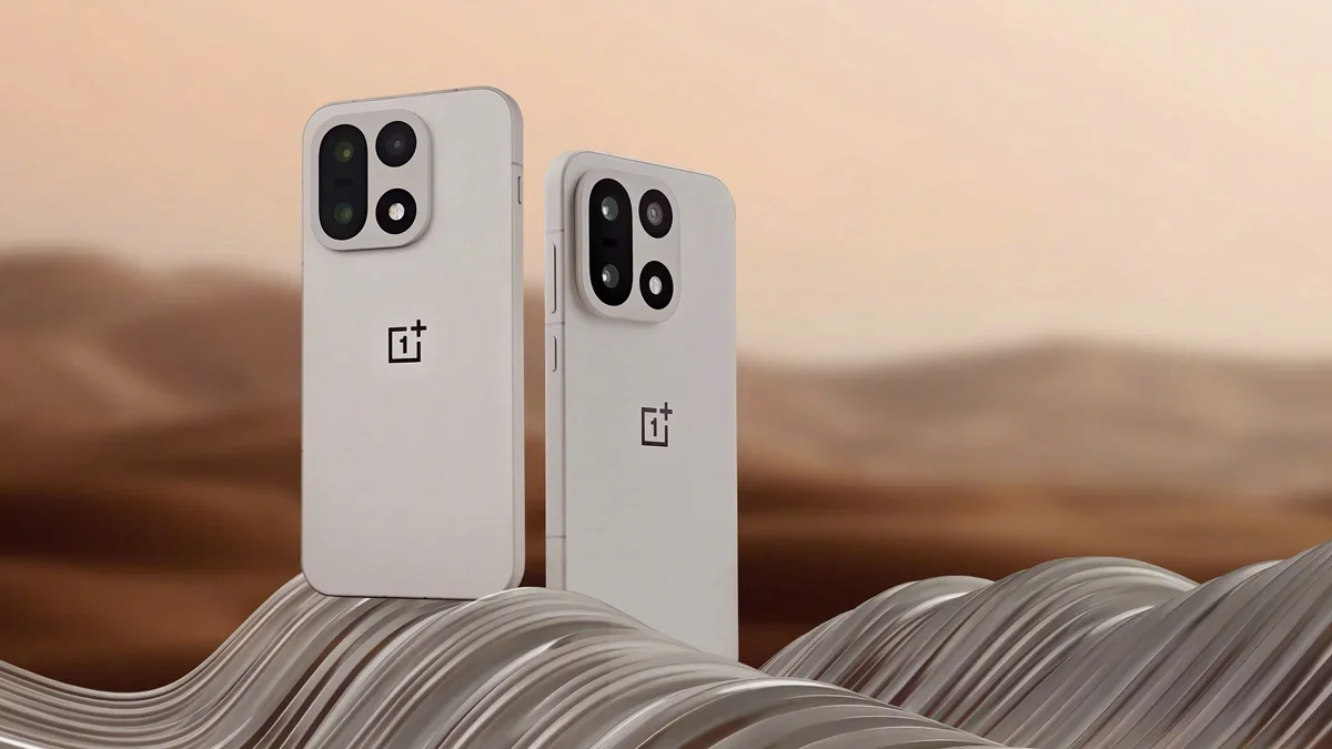 A photo of two OnePlus 15 smartphones in Sand Storm.