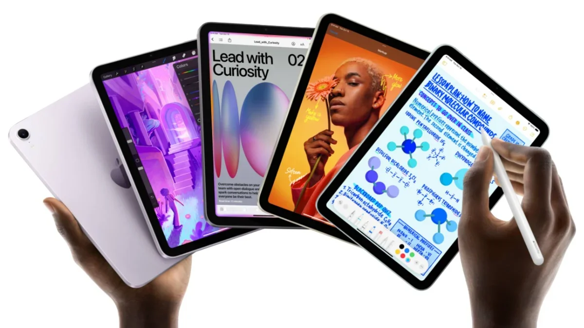 Several iPads on a white background.