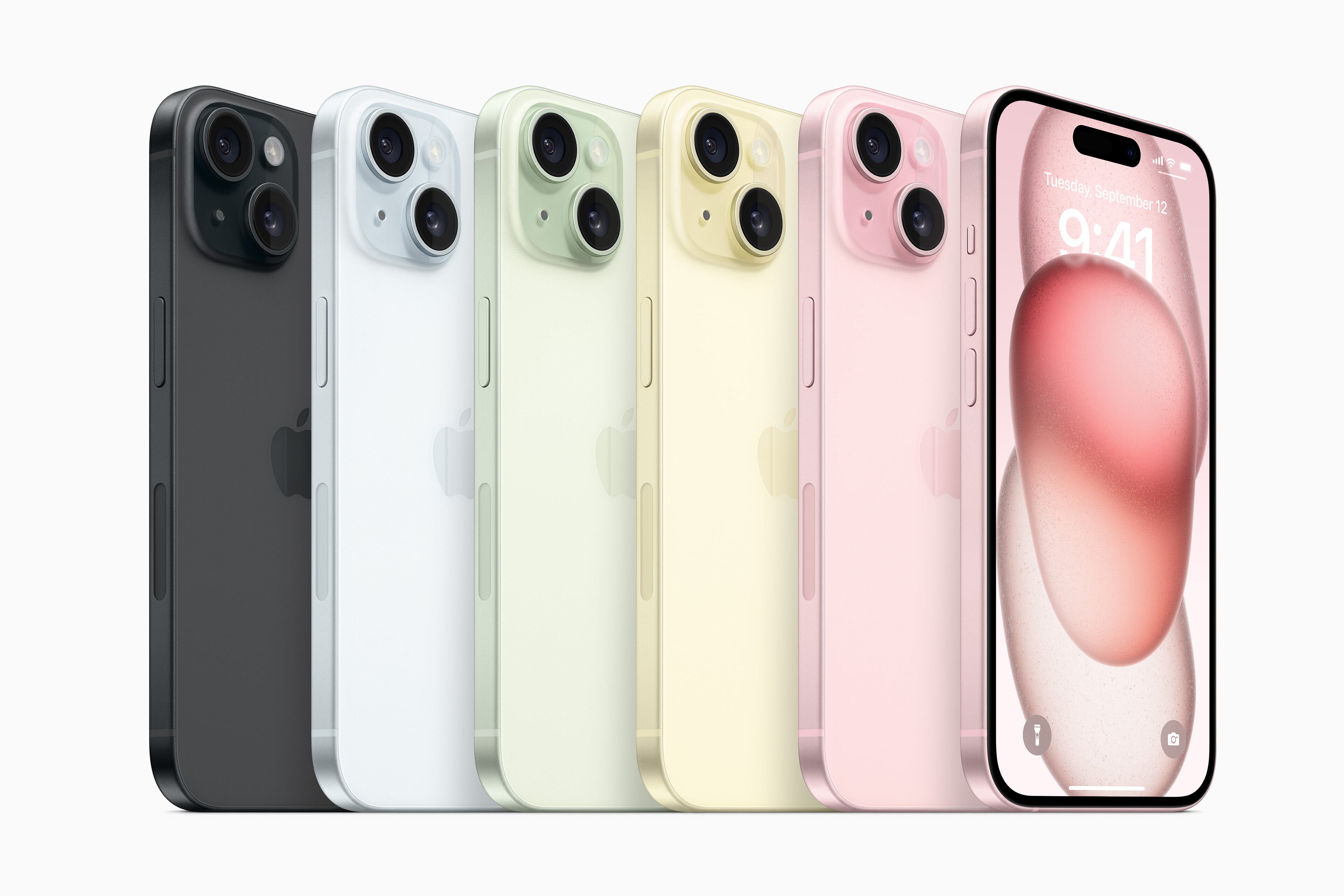 Možnosti iPhone 15 barev - černá, modrá, zelená, žlutá, růžová (zleva doprava) - datum vydání iPhone 15, cena, specifikace a funkce nutností