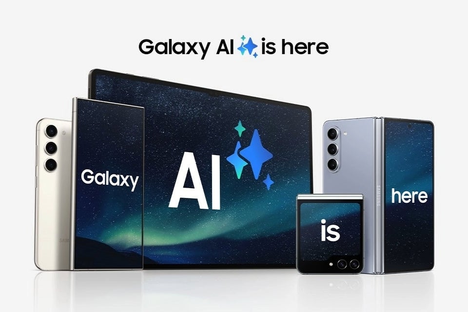 Galaxy AI displayed over a smartphone, tablet and foldable phone.