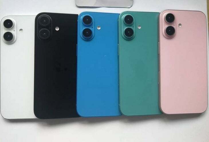 Five iPhone 16 models in various colors