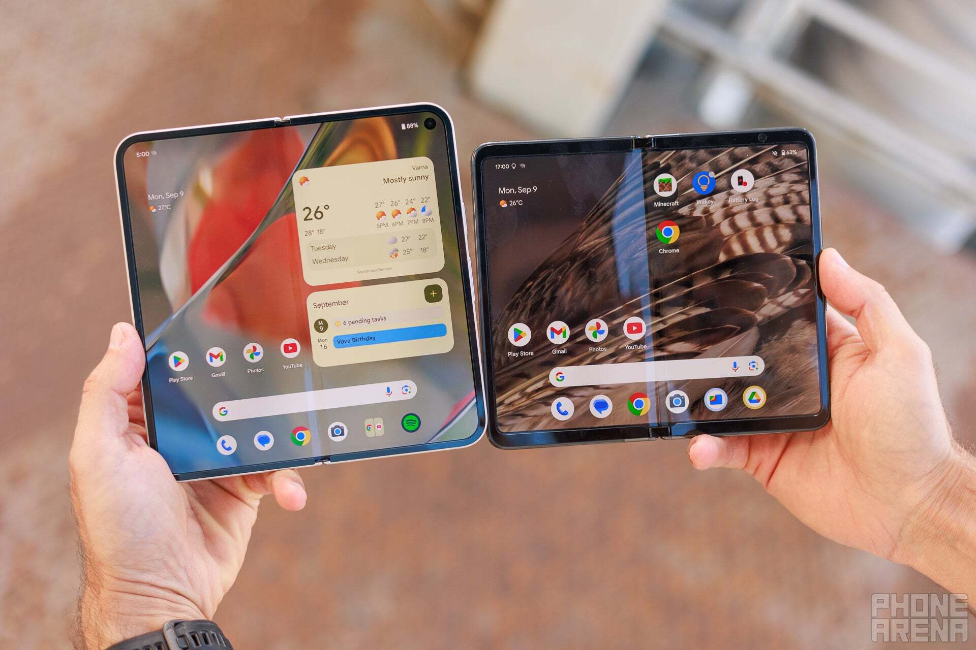 The foldable iPhone might be smaller and wider than other foldable phones on the market. It might look a lot like the Pixel Fold on the right (Image by PhoneArena) - Apple&#039;s Foldable iPhone: release date expectations, price estimates and upgrades