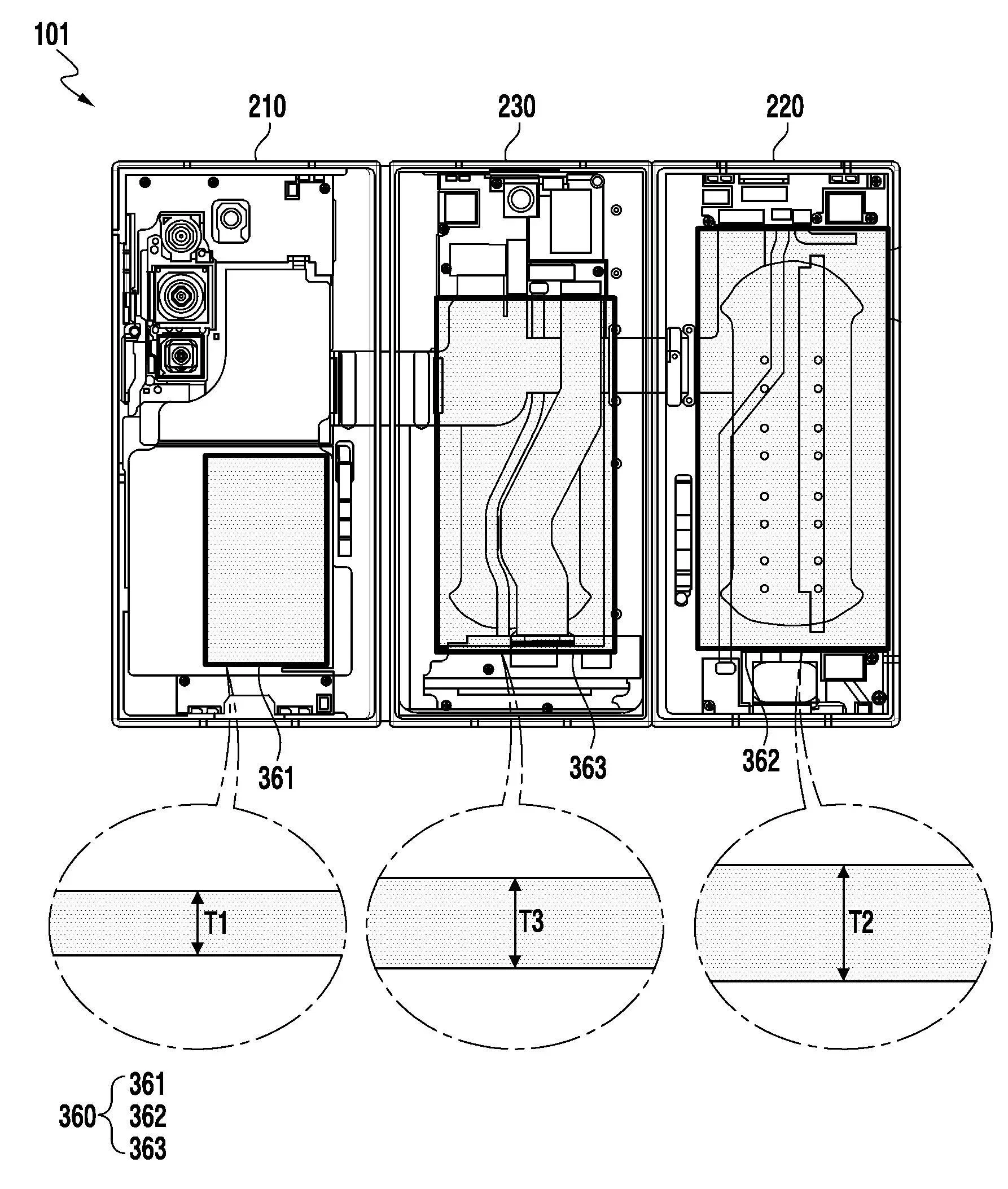 A sketch from a patent showing the TriFold may have three batteries. | Image Credit – KIPRI - Galaxy Z TriFold release date expectations, price estimates, and upgrades