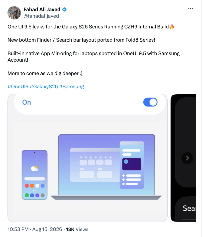 Supposed internal built of One UI 9.5. | Image by Fahad Ali Javed on X - Samsung Galaxy S27 Ultra release date expectations, price estimates, and upgrades