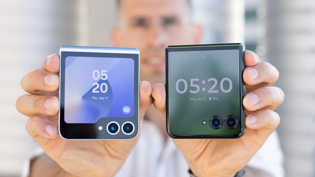 Man holding Galaxy Z Flip 6 next to Motorola Razr Plus (2024)