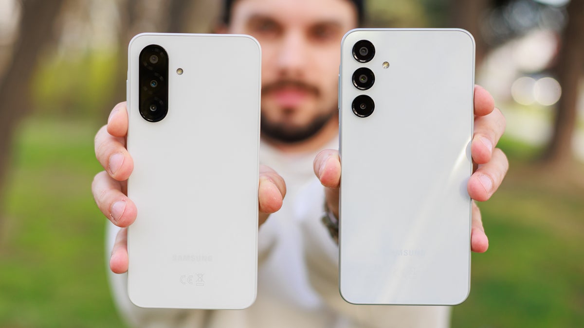 Two phones on a white background, one on the left the other on the right side.