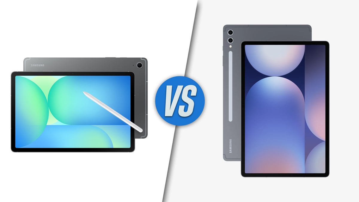 Diagonally split image, with one tablet on each side.