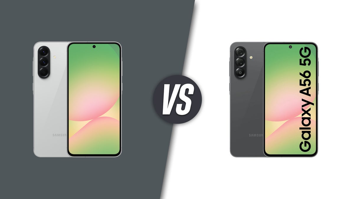 Samsung Galaxy A57 and Galaxy A56 side by side in a comparison graphic.