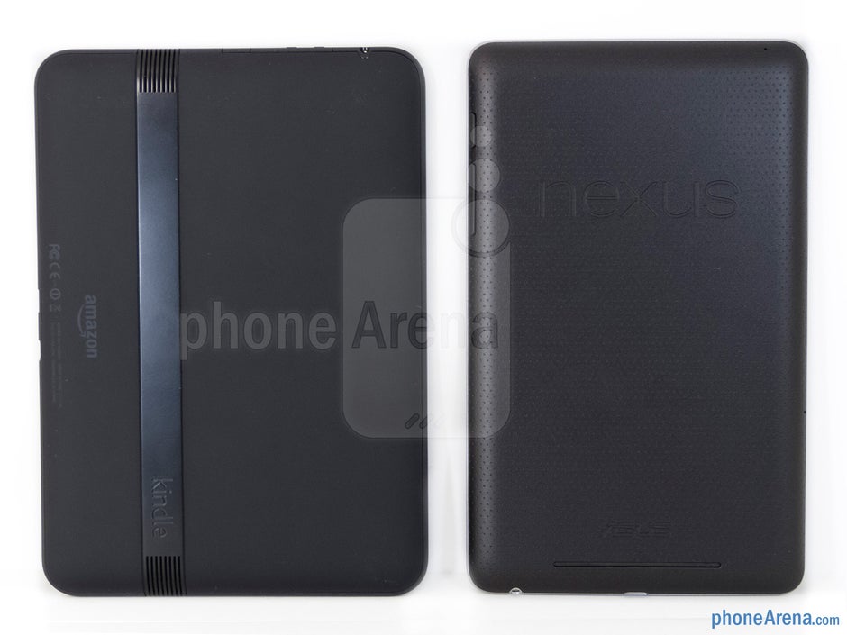 Backs - The Amazon Kindle Fire HD (left, bottom) and the Google Nexus 7 (right, top) - Amazon Kindle Fire HD vs Google Nexus 7