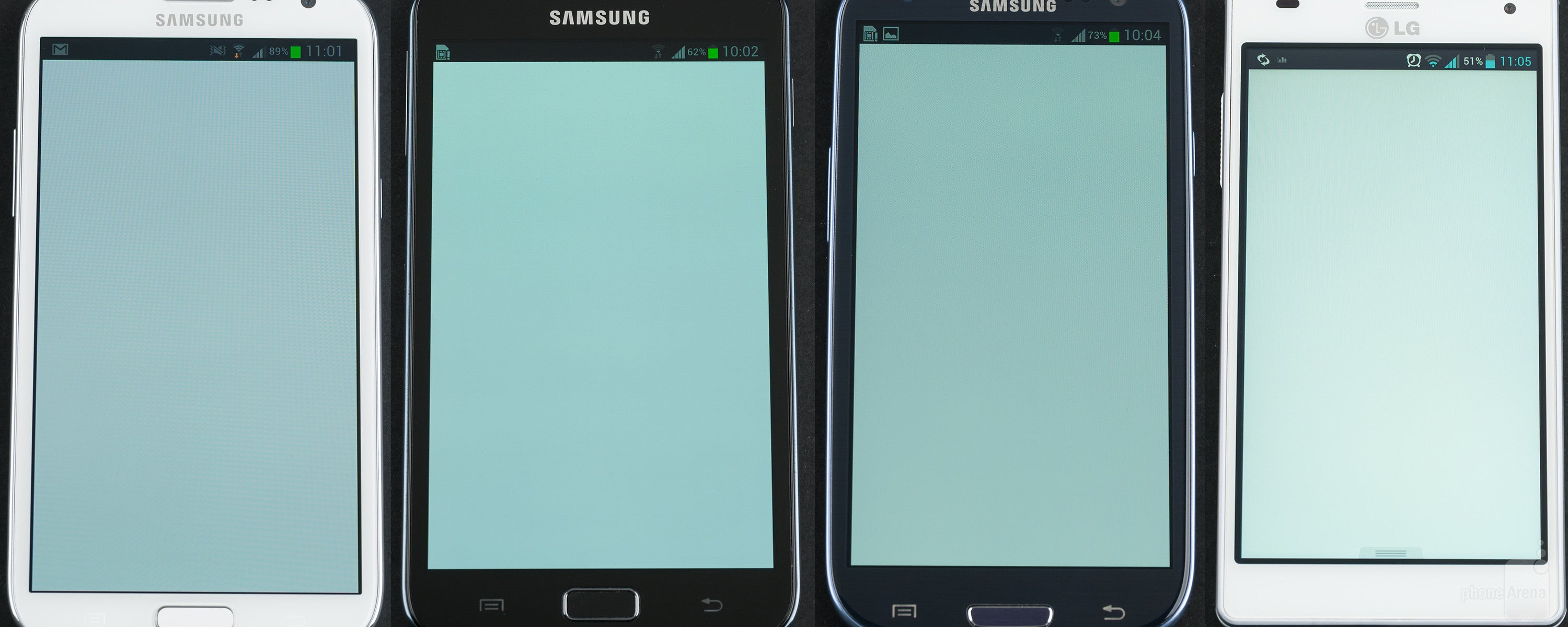 Left to right - Samsung Galaxy Note II, Samsung Galaxy Note, Samsung Galaxy S III, LG Optimus 4X HD - Samsung Galaxy Note II Review