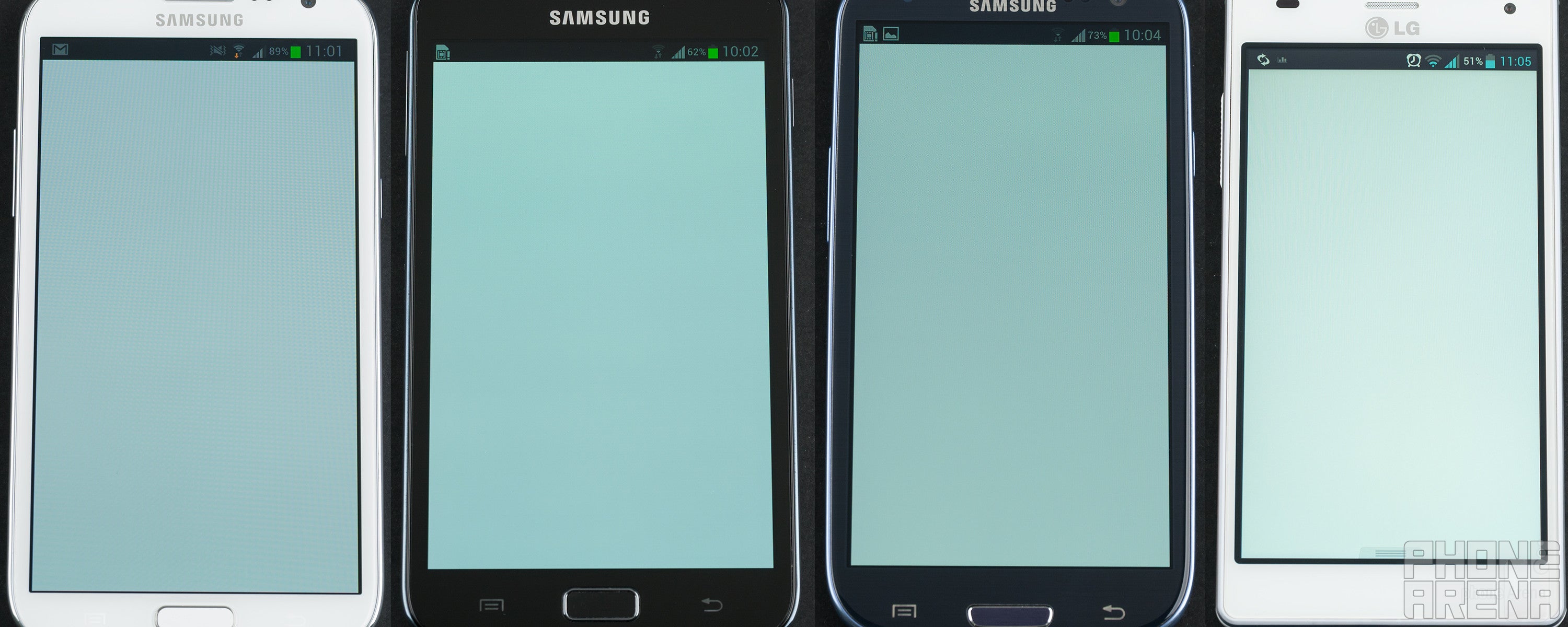 Left to right - Samsung Galaxy Note II, Samsung Galaxy Note, Samsung Galaxy S III, LG Optimus 4X HD - Samsung Galaxy Note II Review