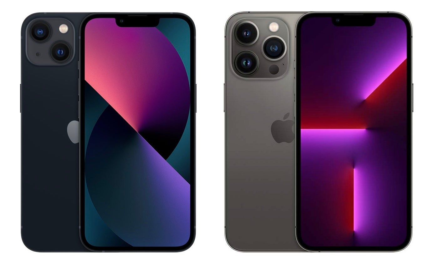 (Image Credit - PhoneArena) iPhone 13 (left) midnight color is a deeper black than the grayish Graphite on the iPhone 13 Pro (right) - iPhone 13 vs iPhone 13 Pro