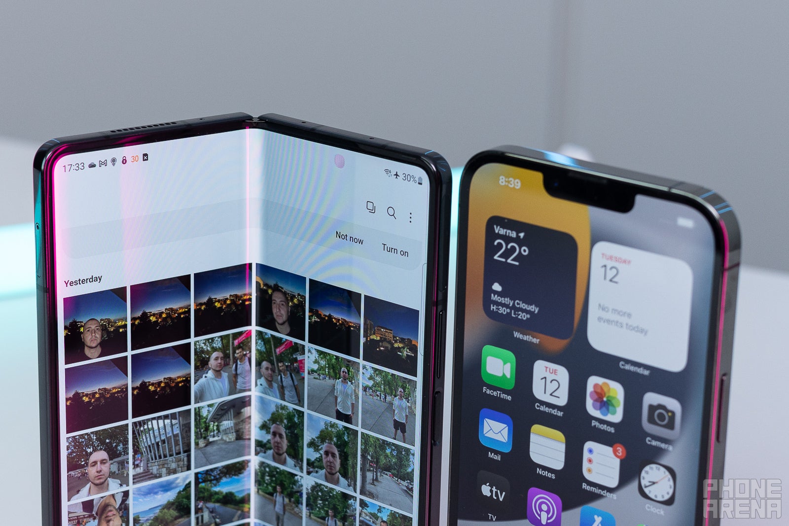 (Image Credit - PhoneArena) Open the flap, double the phone - Samsung Galaxy Z Fold 4 vs iPhone 13 Pro Max