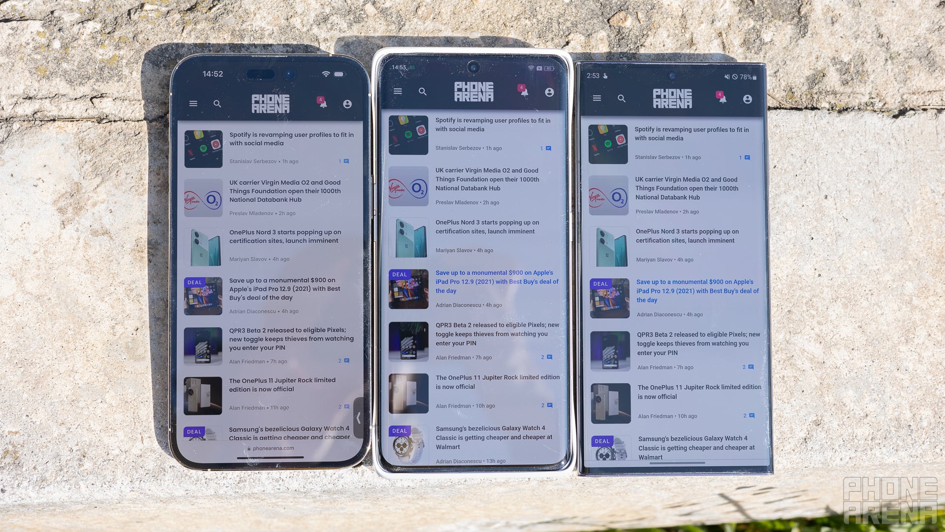 Oppo Find X6 Pro vs Galaxy S23 Ultra (right) vs iPhone 14 Pro Max display brightness outdoors in direct sunlight - Oppo Find X6 Pro review: baby can zoom!