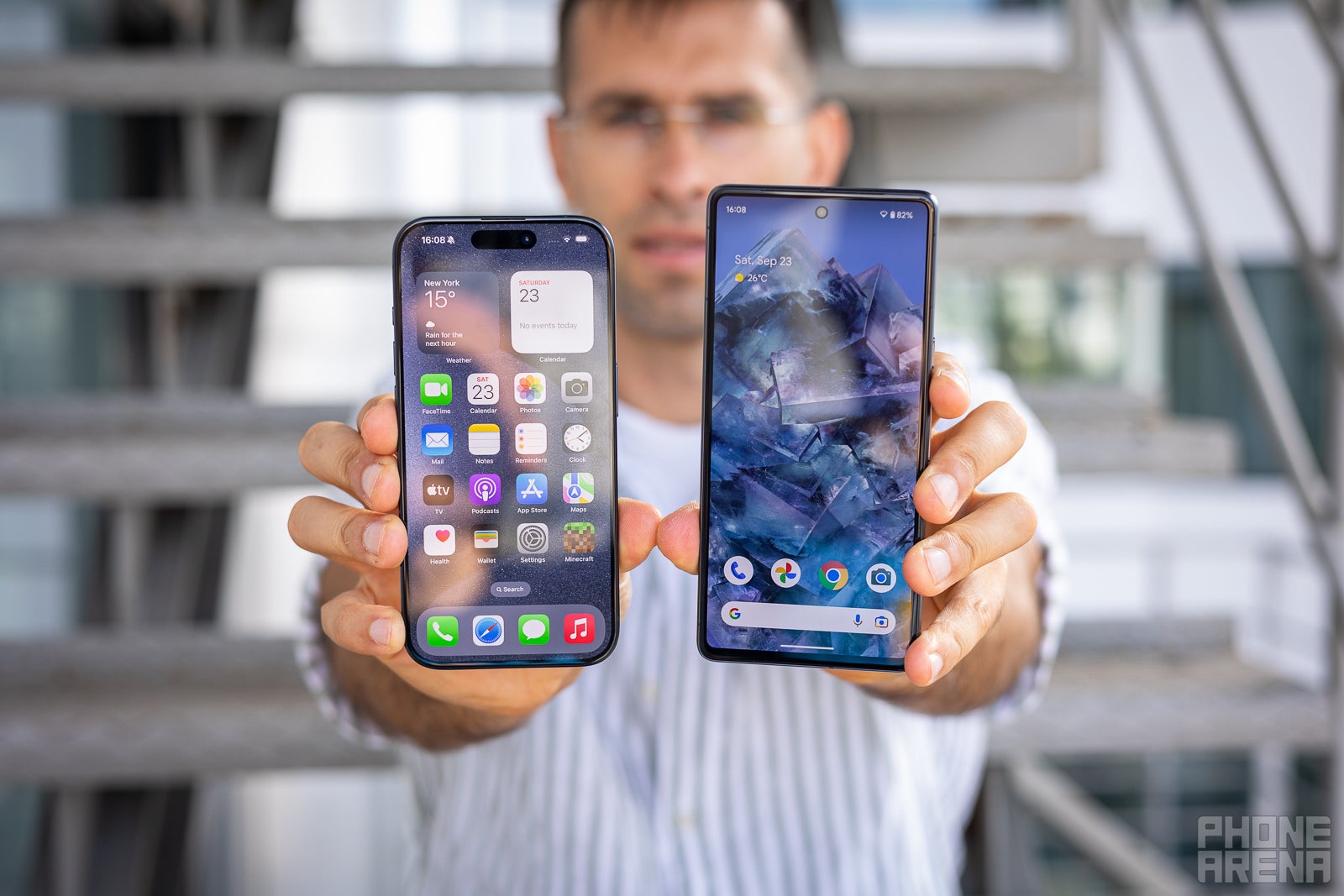 (Image Credit - PhoneArena) - iPhone 15 Pro vs Google Pixel 7: blue pill or red pill?