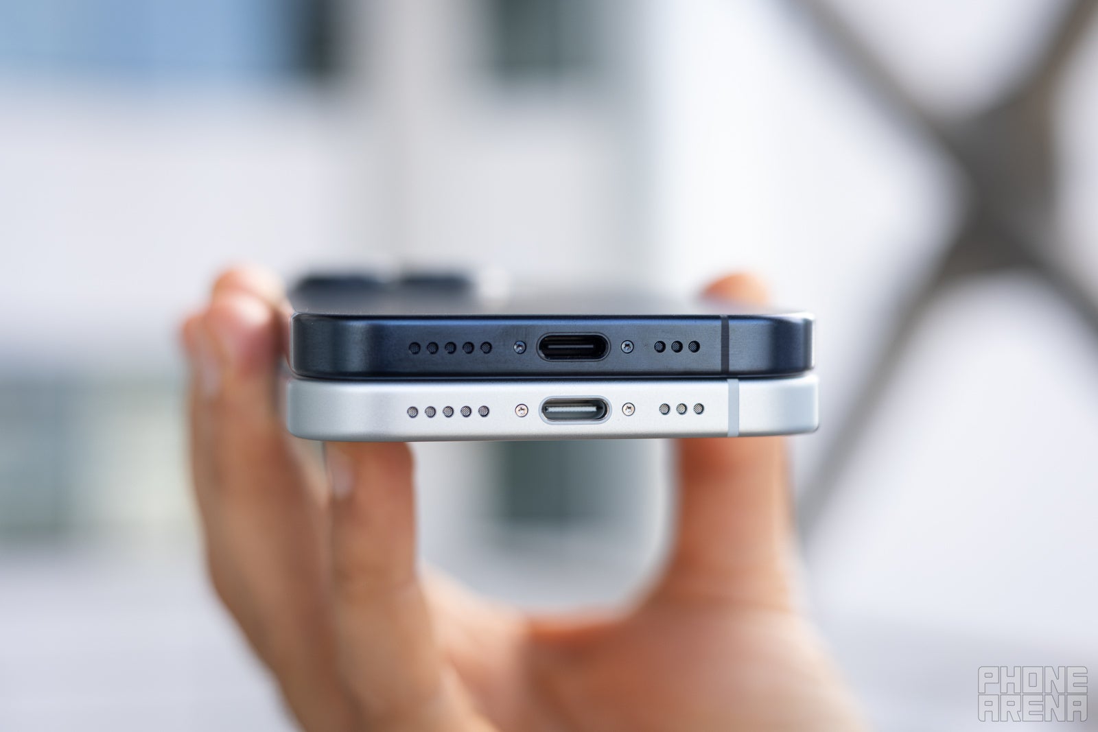 close-up of iPhone 15 and iPhone 15 Pro USB C ports