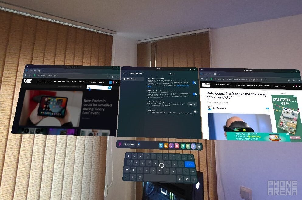 Meta Quest 3 mixed reality multitasking (the headset takes very low-res screenshots, but rest assured the experience is actually far clearer) | Image credit – PhoneArena - Meta Quest 3 review: now that&#039;s an upgrade!
