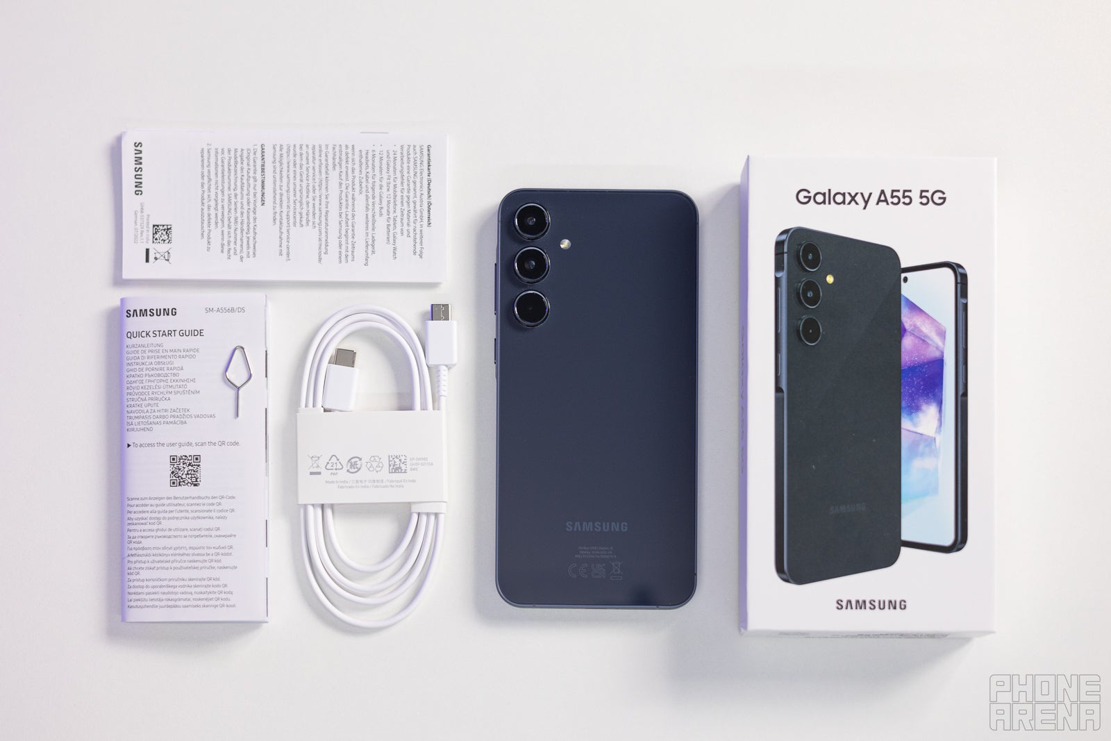 Galaxy A55 5G box contents. (Image by PhoneArena) - Samsung Galaxy A55 5G Review: A boring update, but still a solid mid-ranger for its price