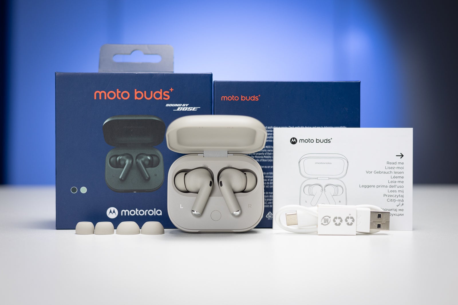 These are all of the contents inside the Moto Buds Plus box. (Image by PhoneArena) - Moto Buds Plus Review: Comfortable and highly customizable