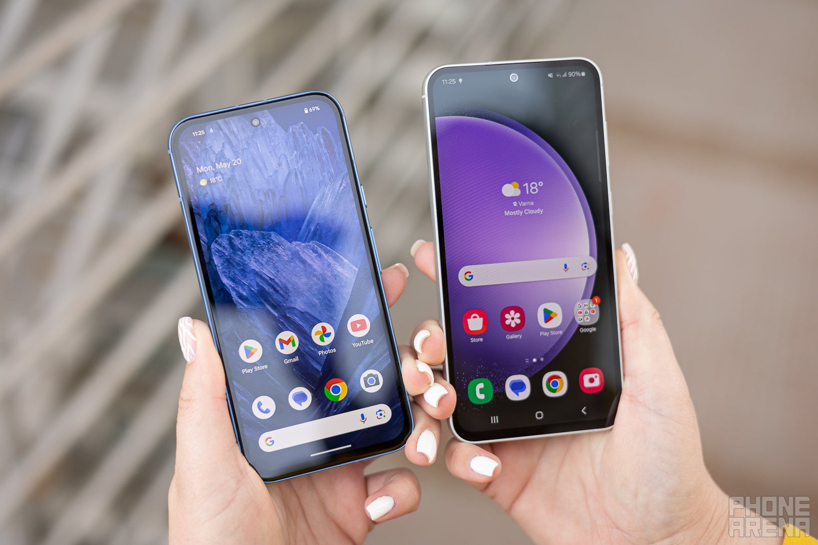 The Galaxy S23 FE has a larger display, but the Pixel 8a gets much brighter. (Image by PhoneArena) - Google Pixel 8a vs Samsung Galaxy S23 FE: Is it worth paying $130 more for the Fan Edition?