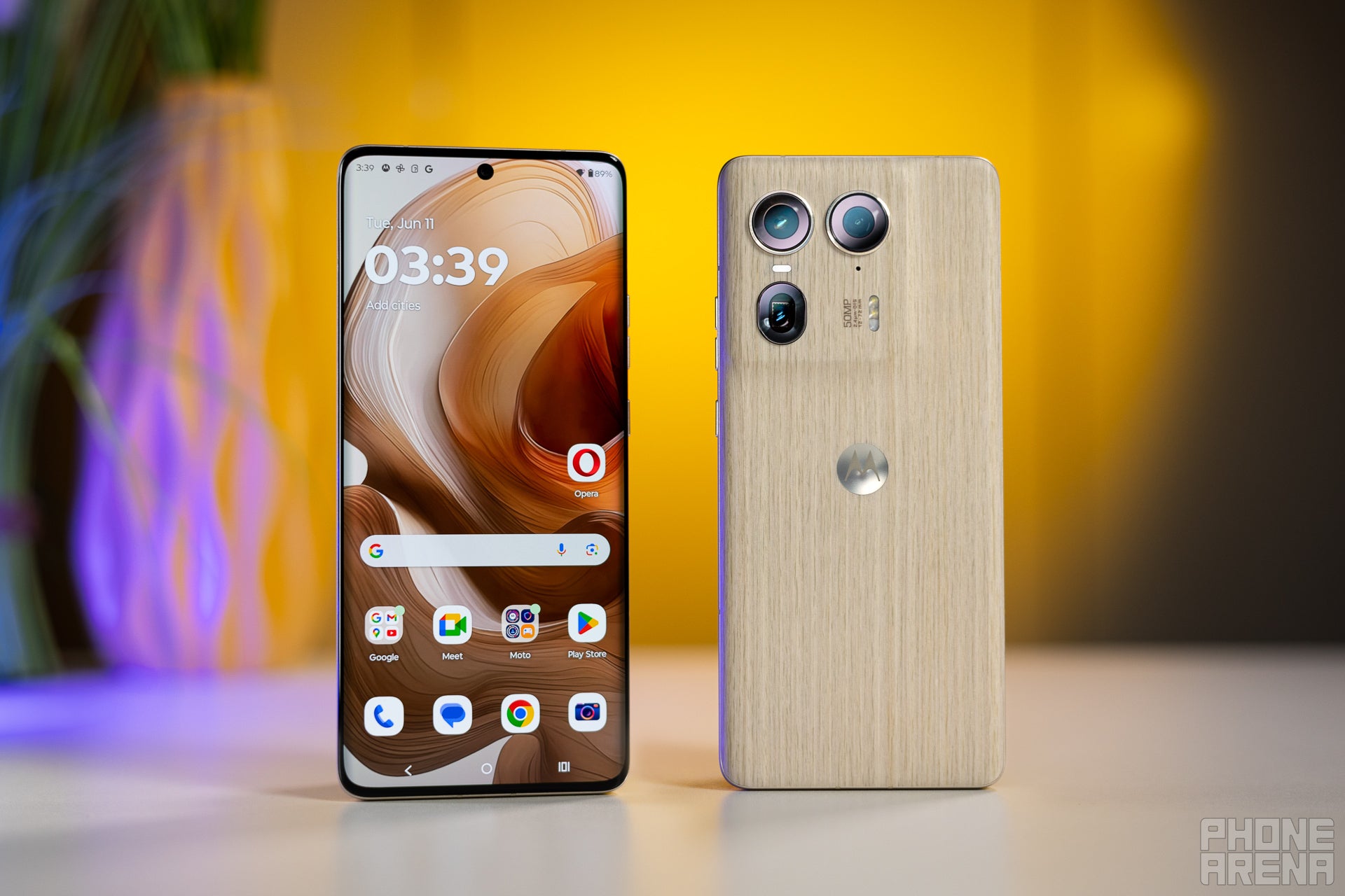 You can get a wooden back as an option, but you also have more traditional finishes like faux leather and glass (Image by PhoneArena) - Motorola Edge 50 Ultra Review: Flagship, but cheaper