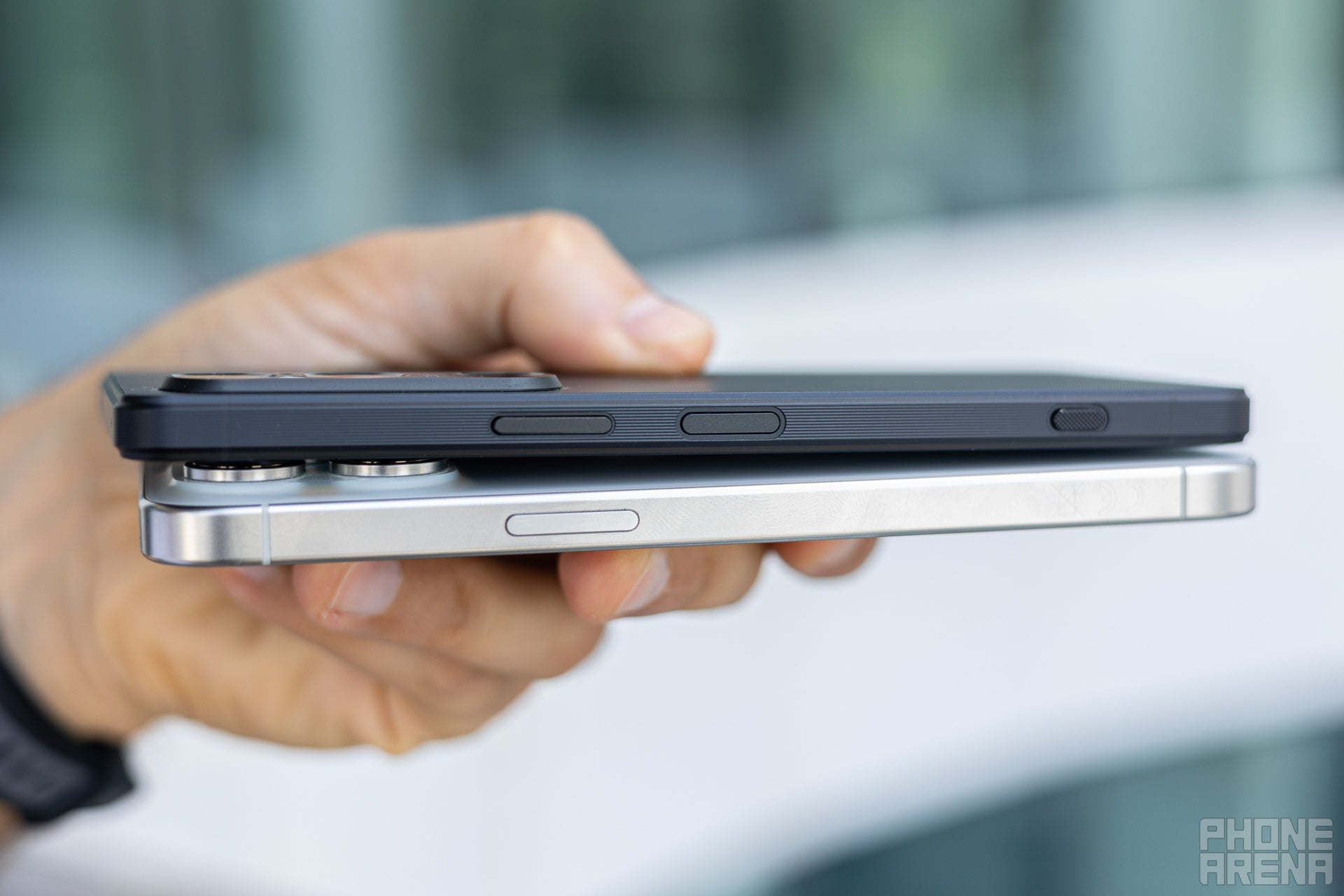 You can see the huge camera bump of the iPhone here (Image by PhoneArena) - Sony Xperia 1 VI vs iPhone 15 Pro Max: Can Xperia challenge the iPhone?