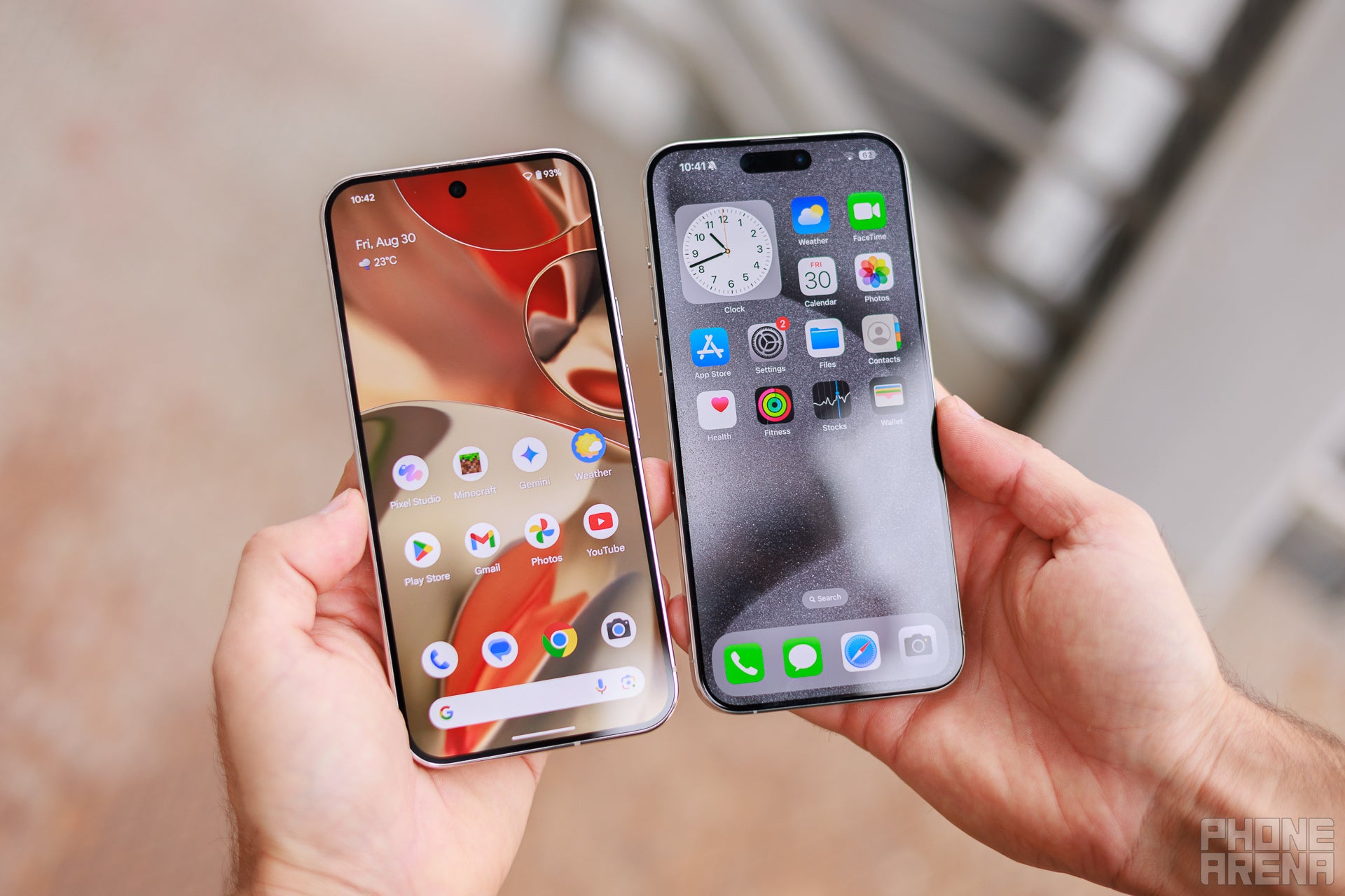 Can you tell which is which? (Image credit - PhoneArena) - Google Pixel 9 Pro XL vs Apple iPhone 15 Pro Max: XL is the new Max