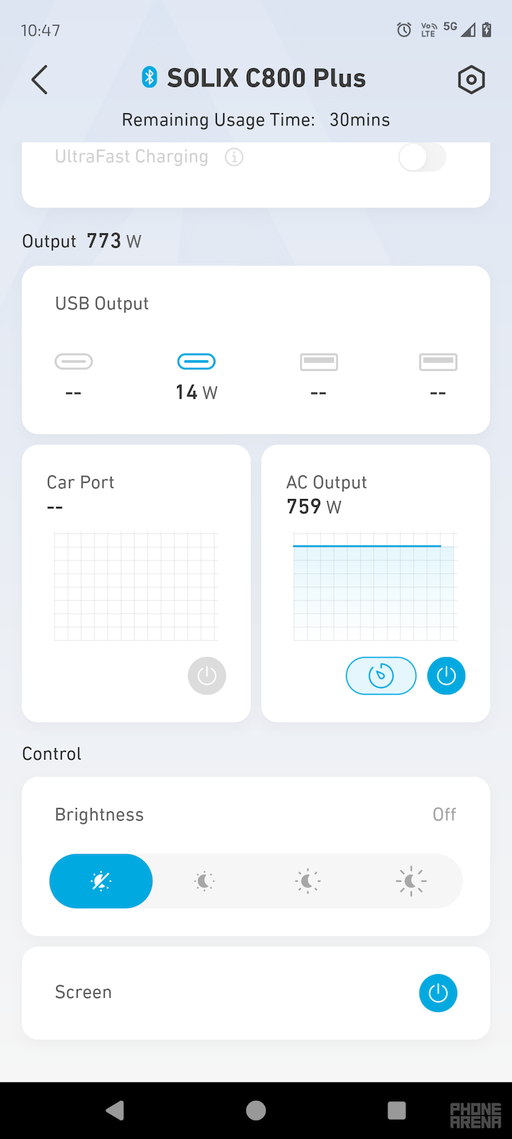 A screenshot of the Anker app with the Solix C800 Plus connected, showing the AC output of the station.