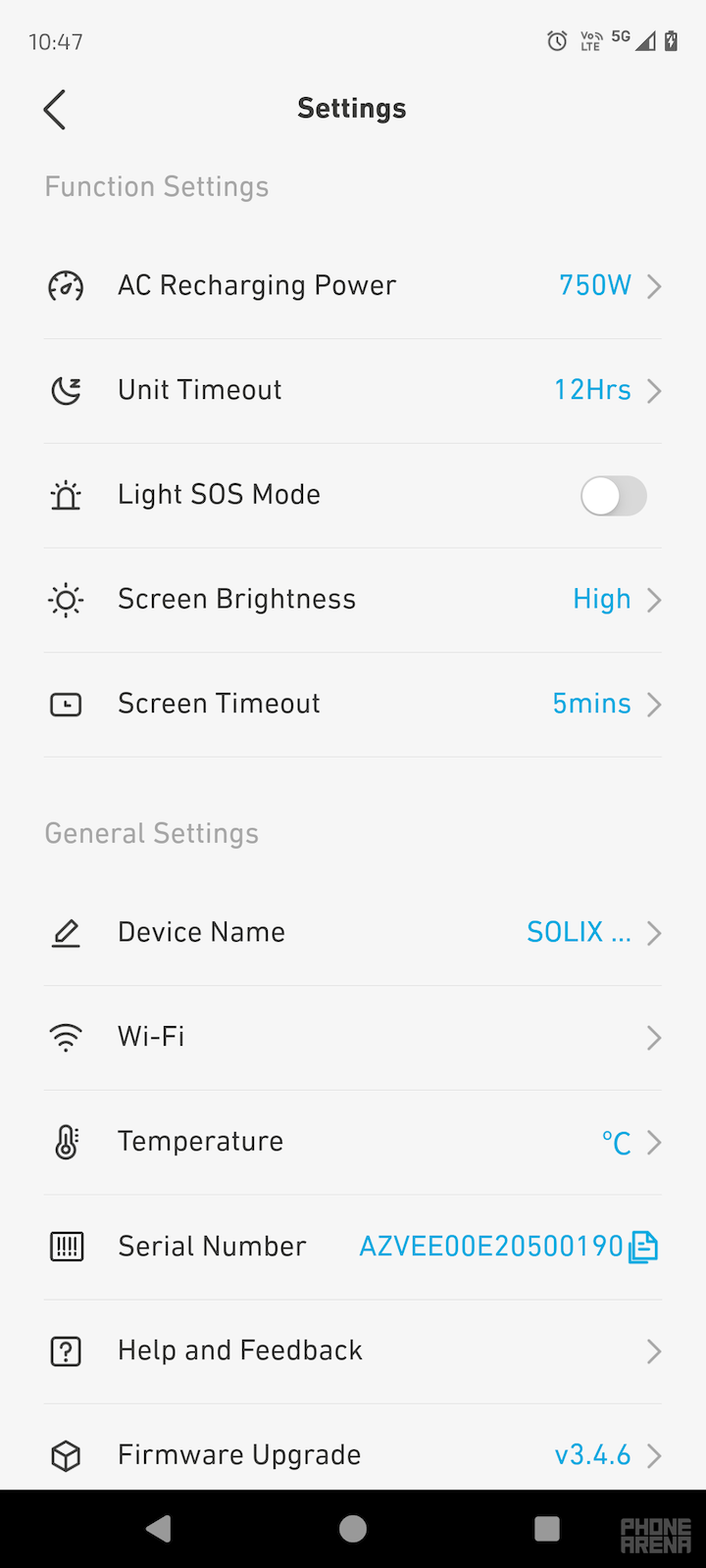 An app screenshot of the Anker app showing the different available settings when you connect a Solix C800 Plus.