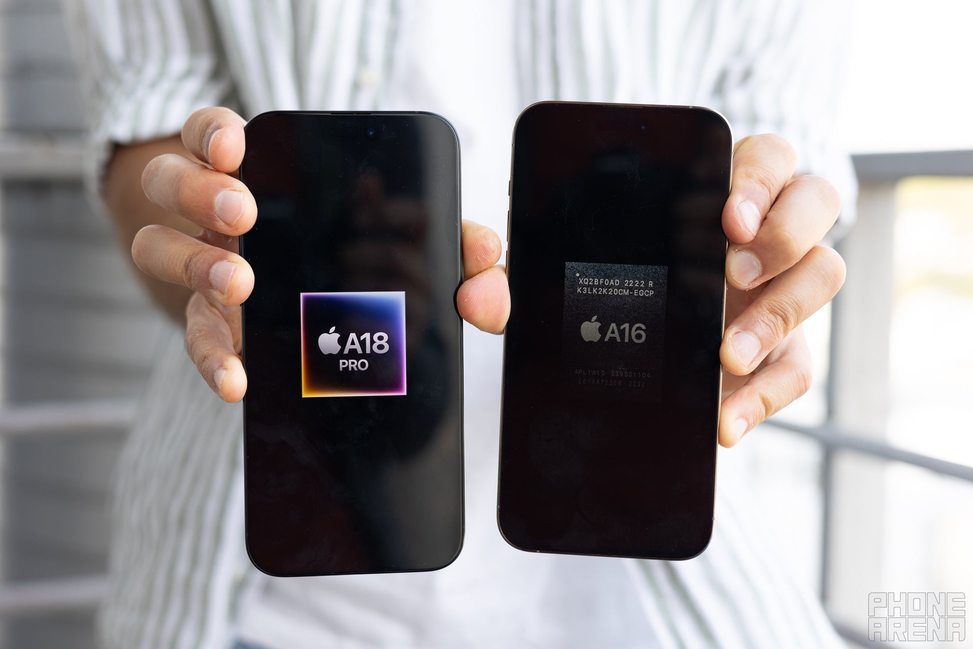 The displays of the Apple iPhone 16 Pro Max and the iPhone 14 Pro Max showing their respective CPUs