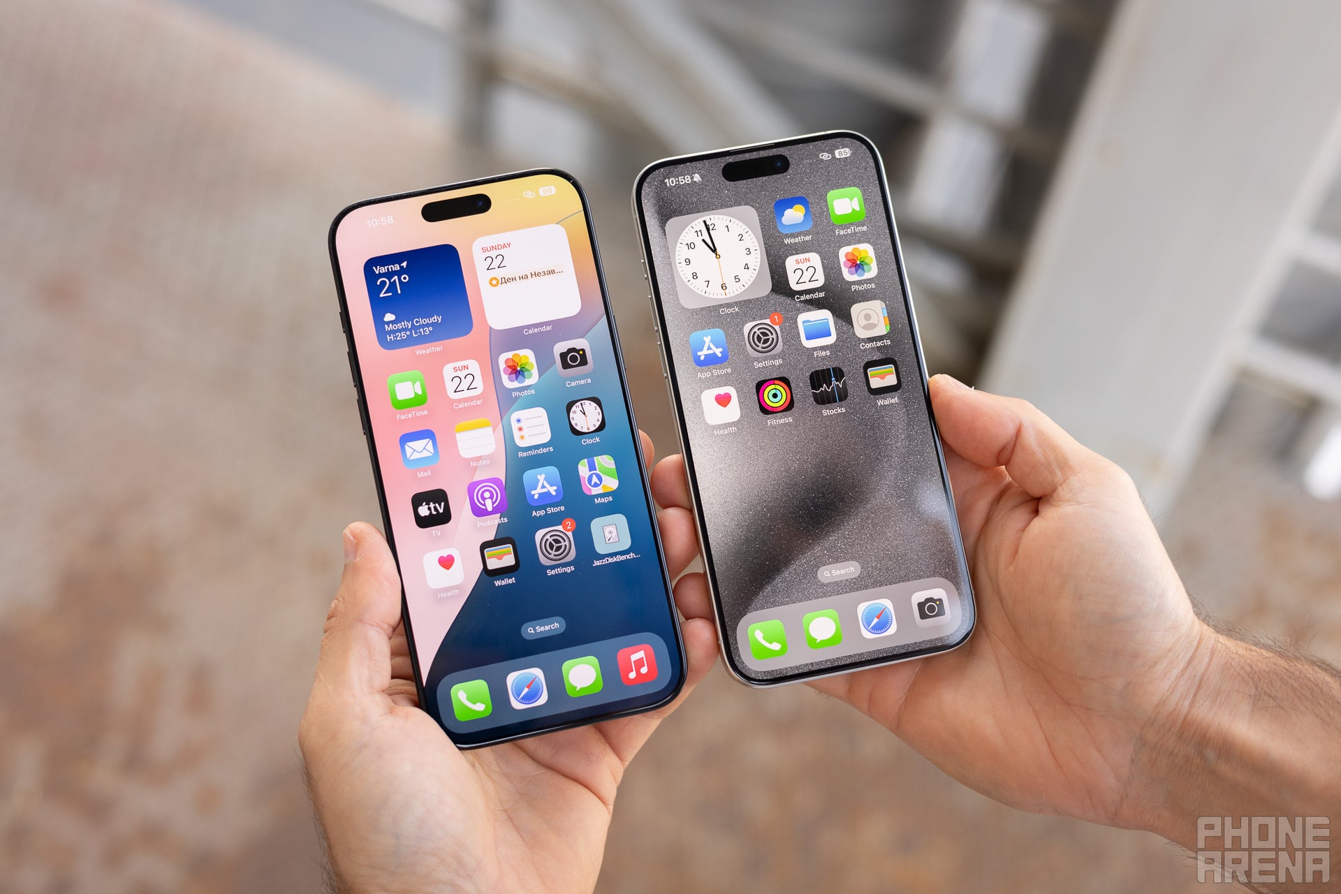 Apple iPhone 16 Pro Max next to iPhone 15 Pro Max front sides