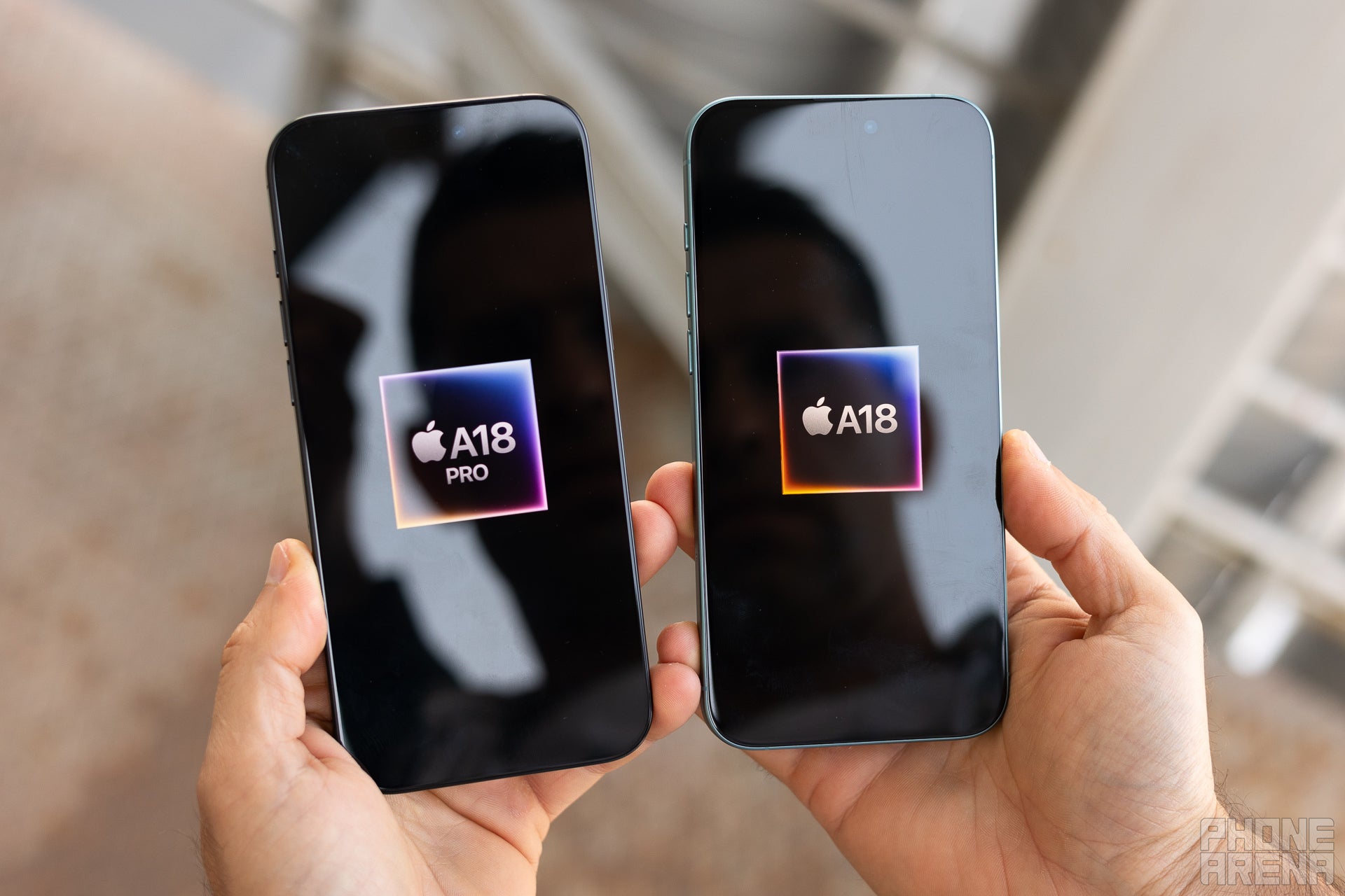 iPhone 16 Pro Max next to iPhone 16 Plus with a CPU graphic on their displays