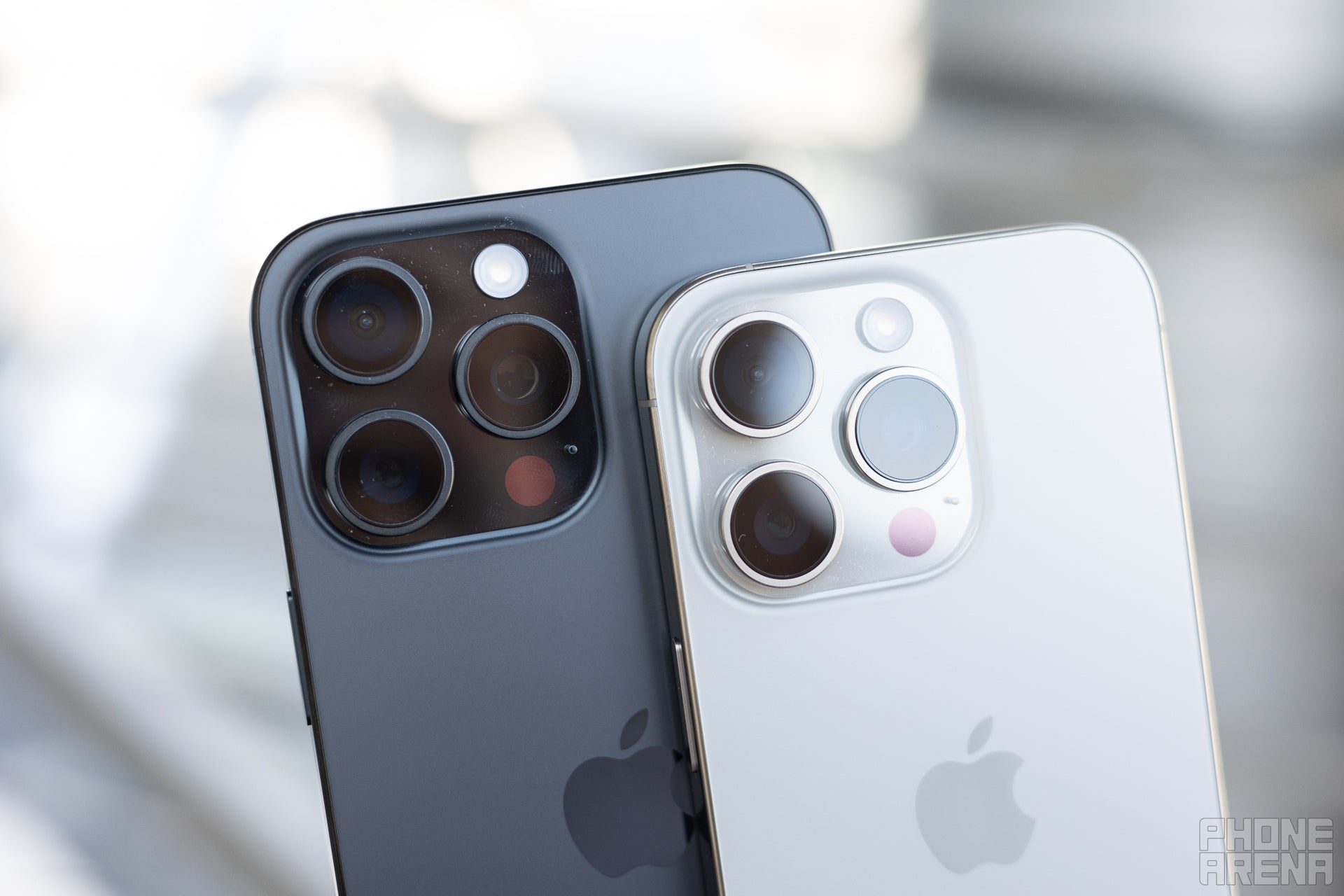 A close up shot of the camera modules on the iPhone 16 Pro Max and the iPhone 16 Pro